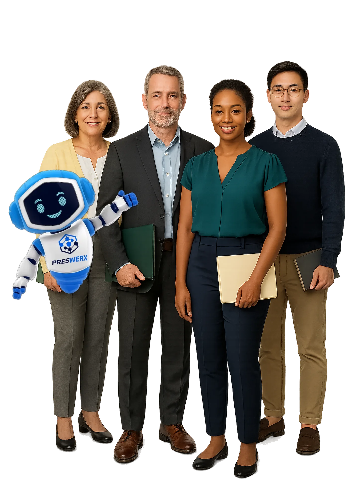 Four members of a trusts and estates group standing close together and smiling, two of them holding folders, and a waving robot mascot in blue and white beside them
