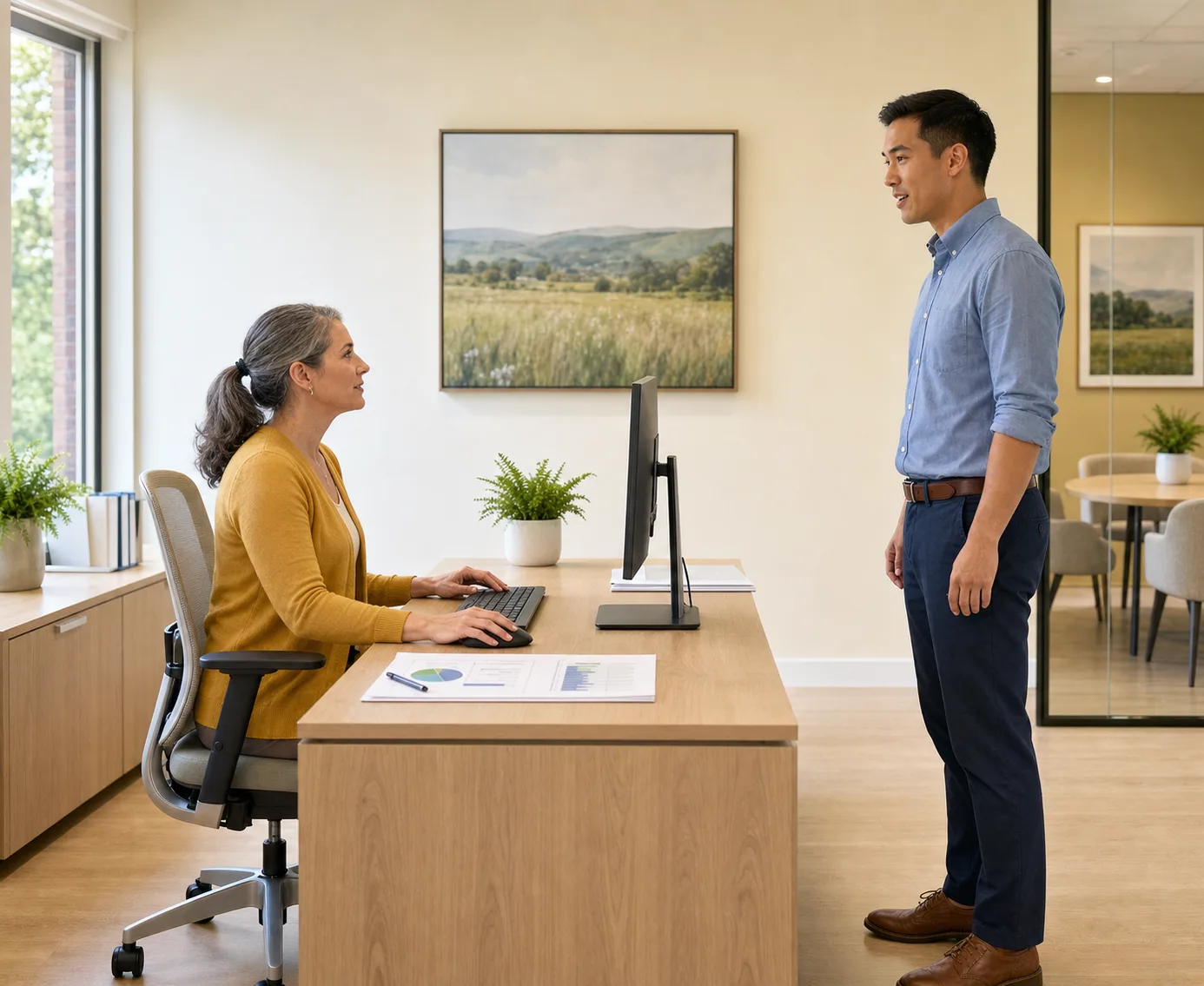 A woman seated at a desk with a monitor and a printed page, talking with a colleague who stands beside the desk
