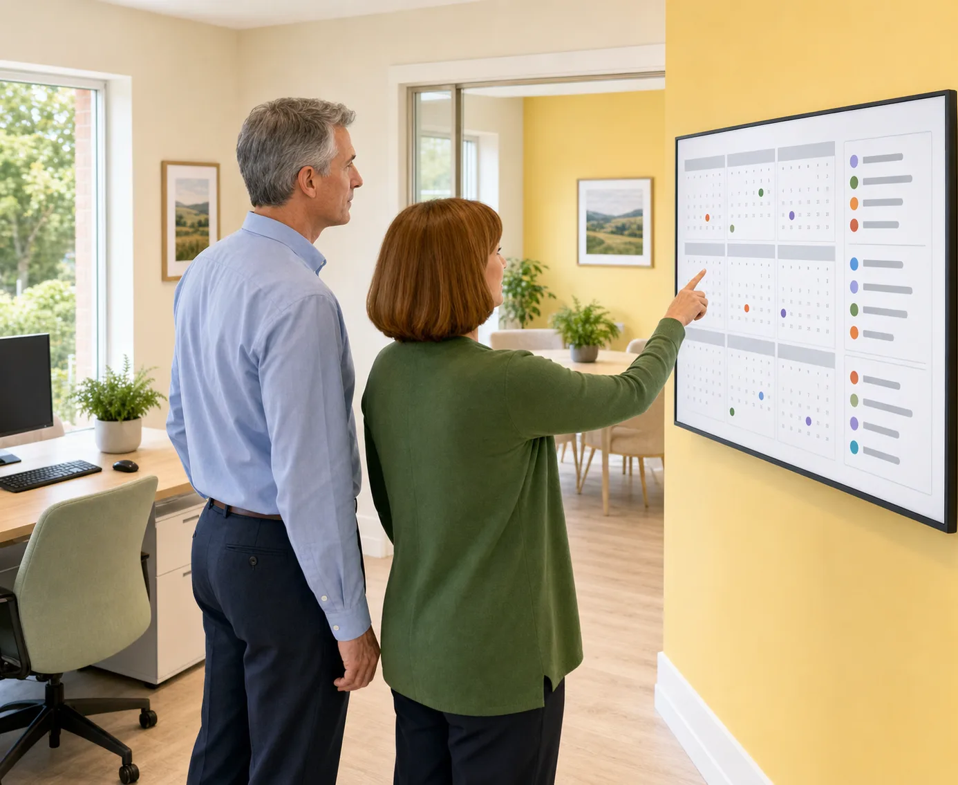 A man and a woman standing together and looking at a wall display that shows a year of calendar months beside a color-coded list