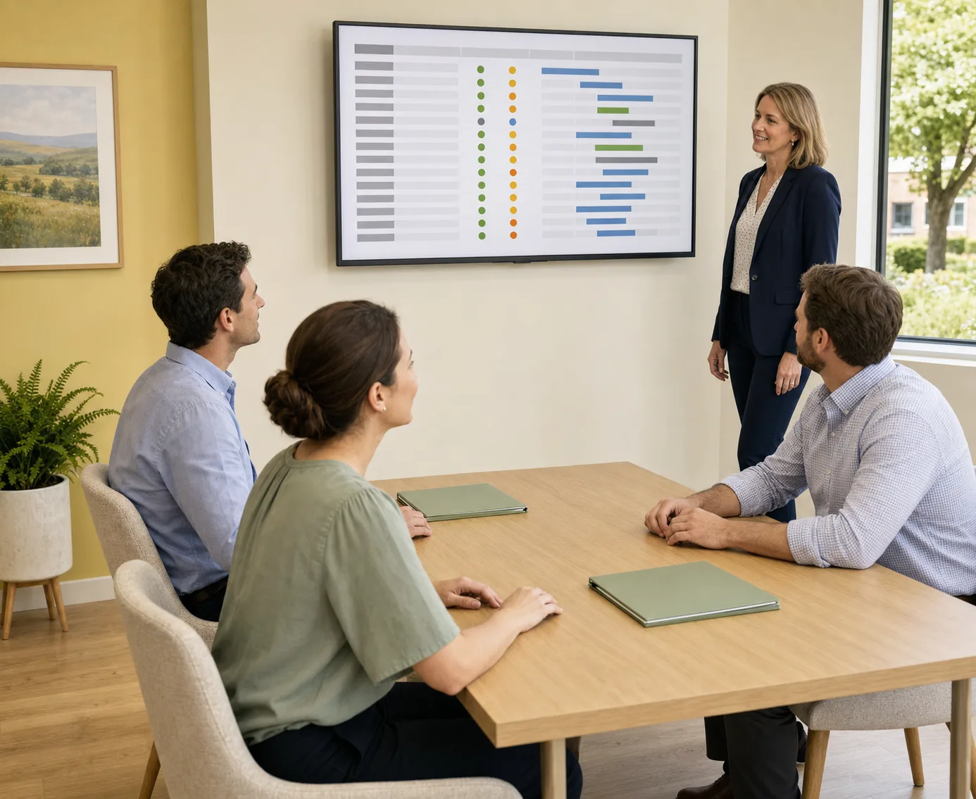 Three people seated at a conference table looking up at a wall display of a status table while a standing colleague presents it