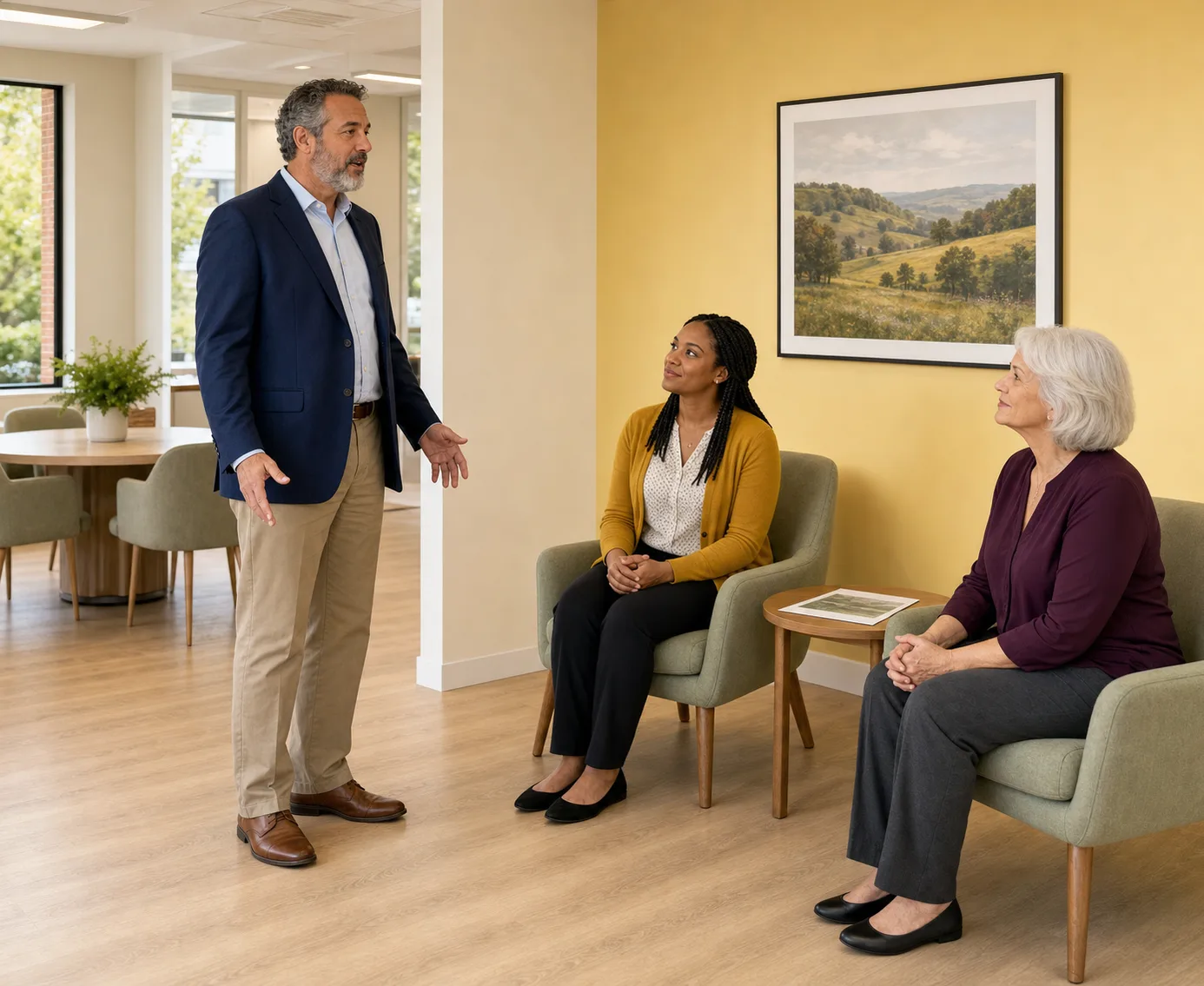 A man standing and speaking to two seated women in an open seating area of a professional office