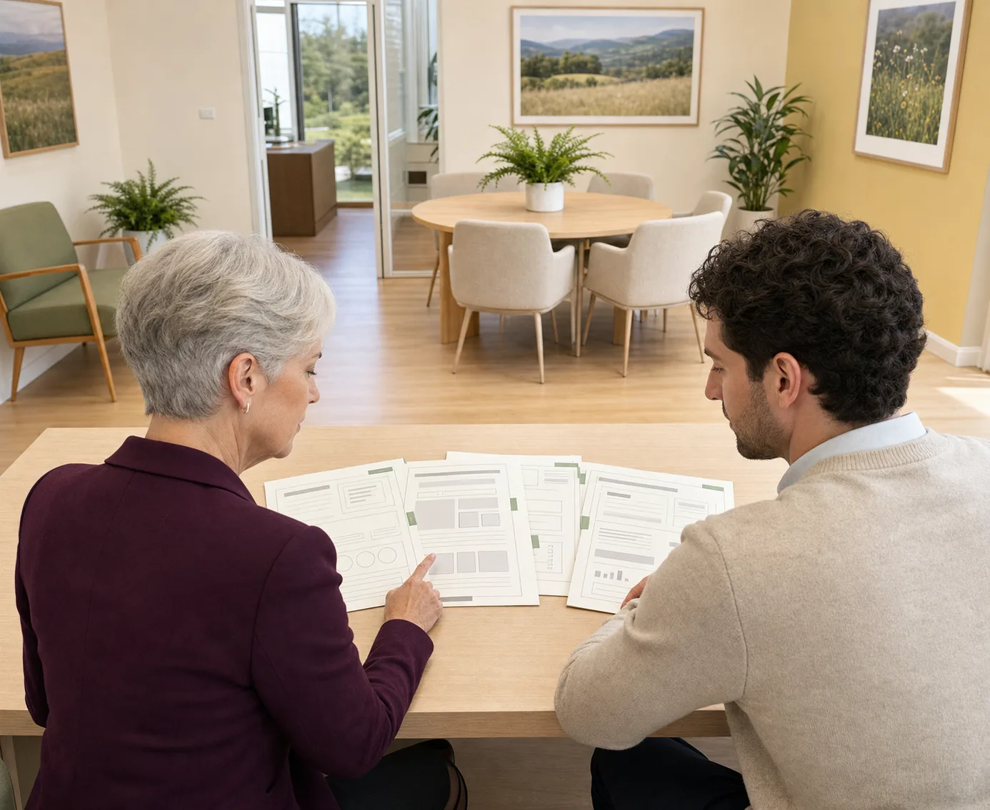 An estate planning attorney and a paralegal looking down at a fan of printed template forms on a desk