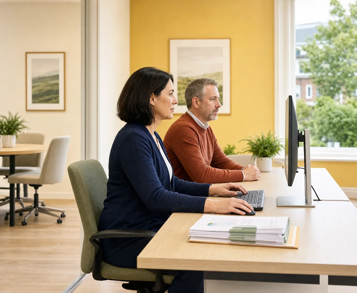 Two members of a trusts and estates group seated side by side at a desk, both looking at one monitor, with a stack of printed documents beside the keyboard