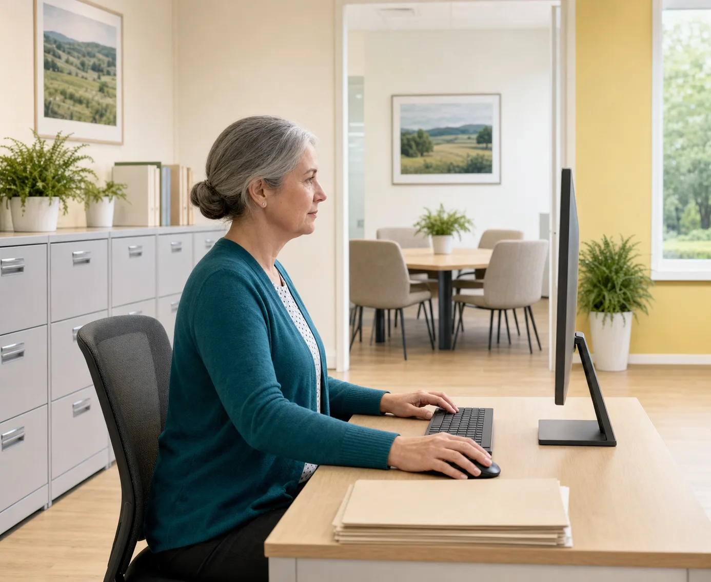 A woman seated at a desk with a monitor, keyboard and a stack of folders, with rows of gray file cabinets along the wall behind her