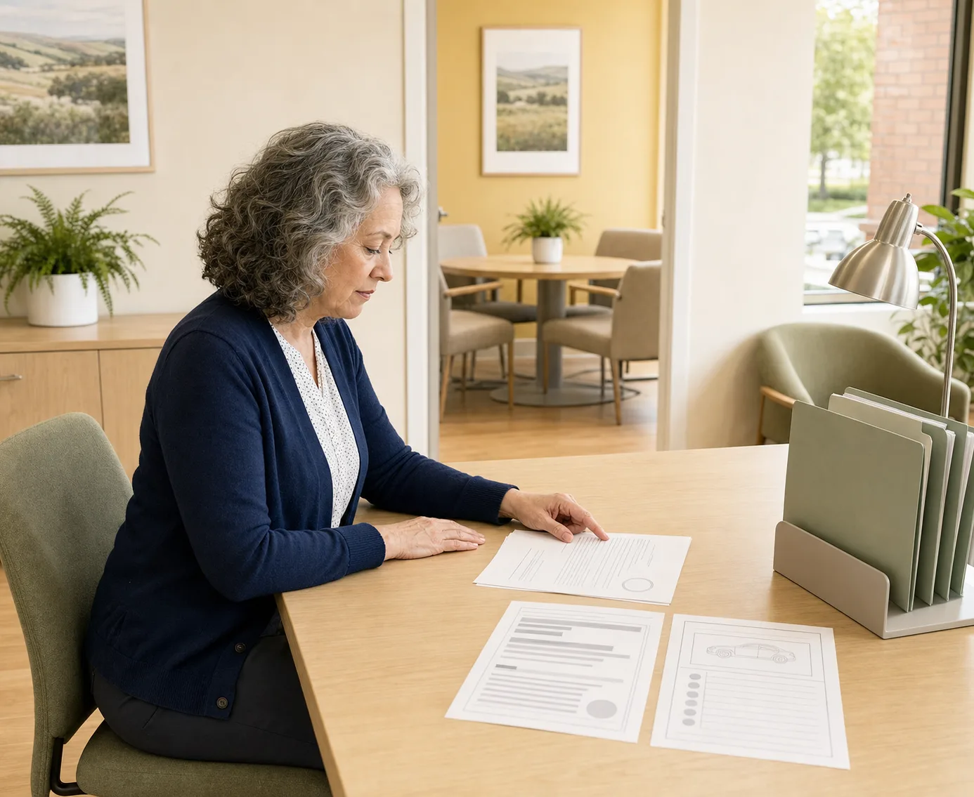 Probate paralegal sorting bank statements, a vehicle title and a deed into labeled folders at a desk