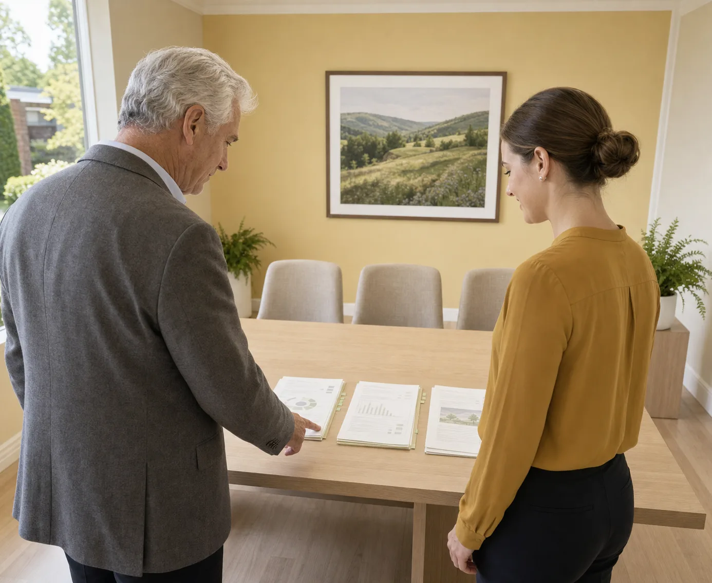 Estate attorney and paralegal arranging document sets on a conference table before a signing appointment