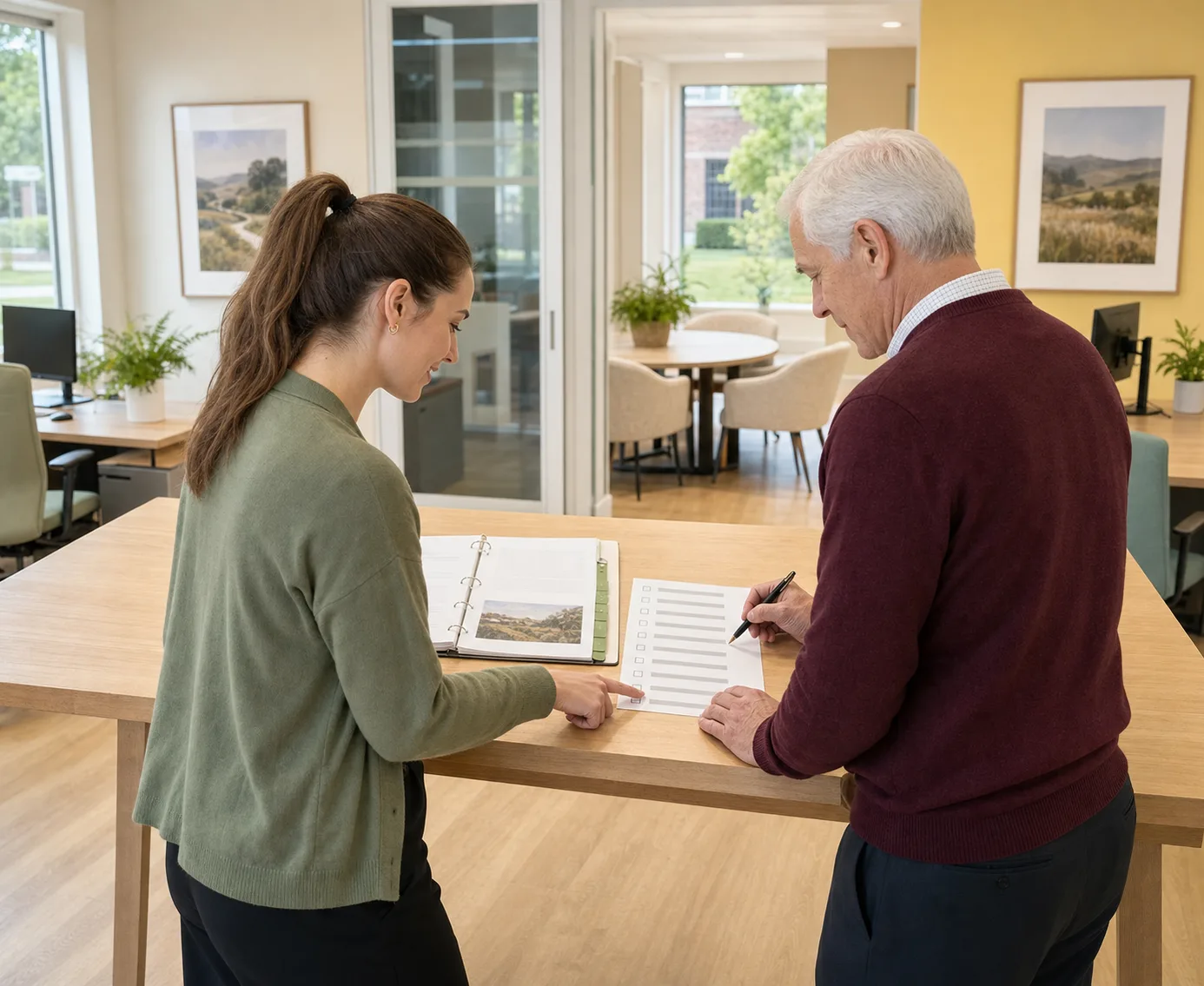 A woman and an older man standing at a high table, she pointing at an open tabbed binder while he marks a printed checklist with a pen
