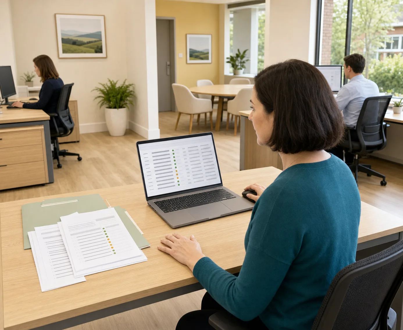 A trust paralegal in a teal sweater at a desk beside an open laptop showing a funding checklist, with printed asset lists and a sage folder on the desk and colleagues working in the office behind her